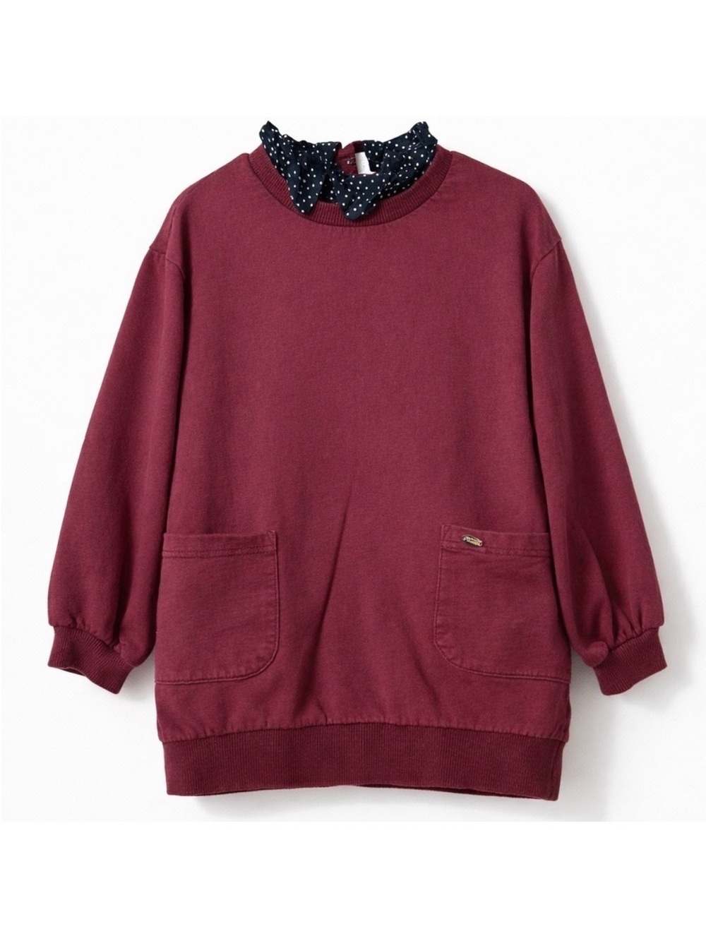 Renoma Paris Girls Burgundy Sweatshirt Polka Dot Ruffle Collar Size 130 (8–9Y)